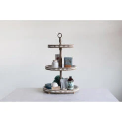 Decorative Oval Beaded Wood 3-Tier Tray