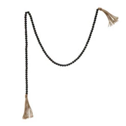 Paulownia Wood Bead Garland, Jute Tassels, Distressed Black, 72"L