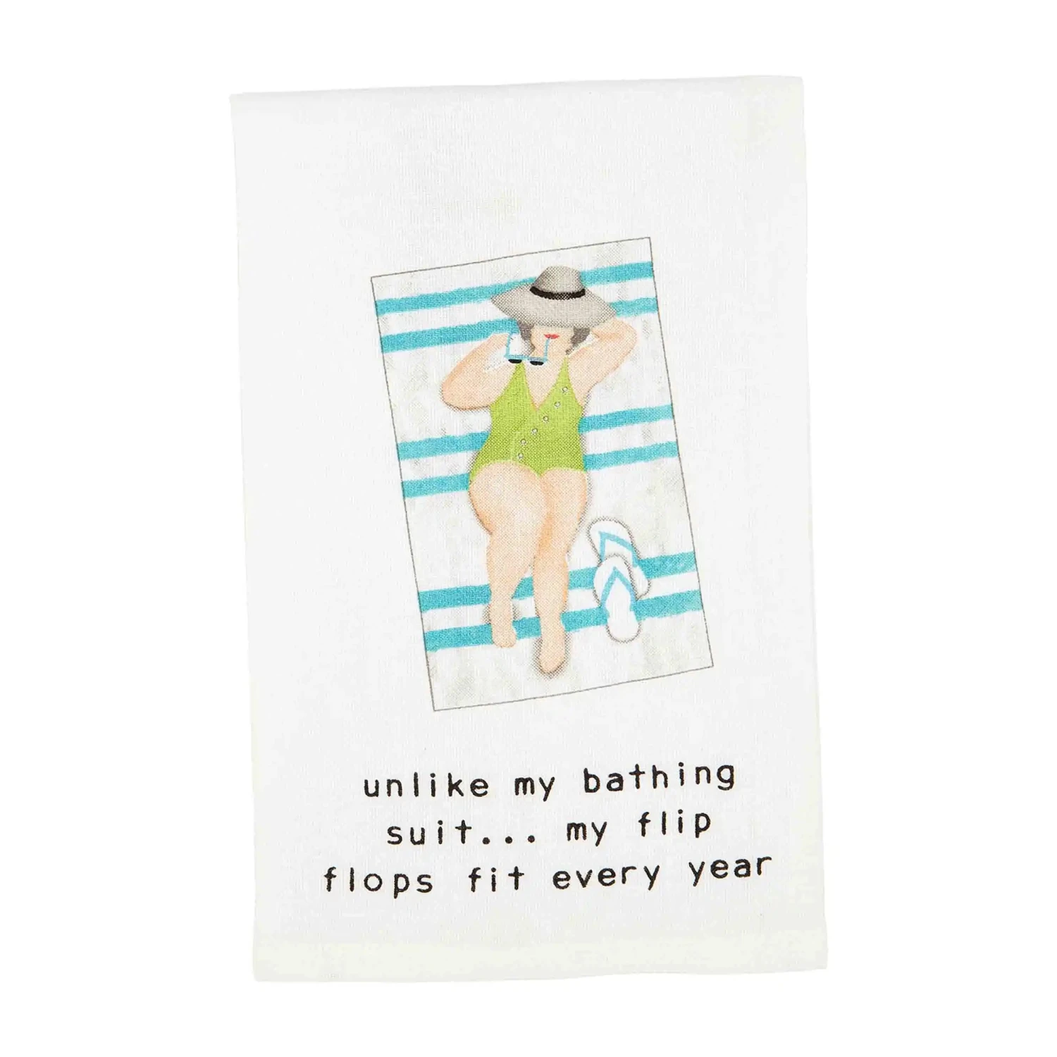 "Unlike My Bathing Suit ... My Flip Flops Fit Every Year" Poolside Curvy Lady Hand Towel By Mud Pie