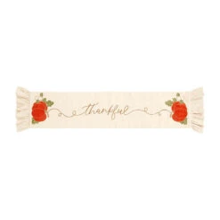 "Thankful" Velvet Pumpkin Ruffled Table Runner By Mud Pie