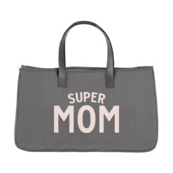 "SUPER MOM" Gray & Genuine Leather Tote Bag