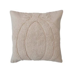 Tufted Pillow With Pumpkin & Chambray Back, Cream Color