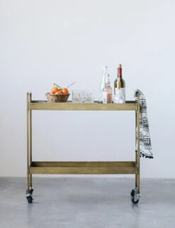 Metal 2-Tier Bar Cart On Casters, Antique Brass Finish (Pick Up Only)