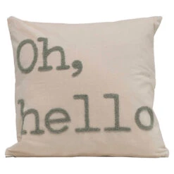 "Oh, Hello" Pillow With Embroidery, Grey