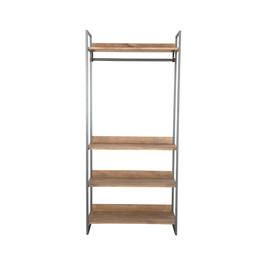 Metal Shelf With Rod And Four Mango Wood Shelves, Gunmetal Finish & Natural (Pick Up Only)