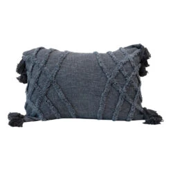 Stonewashed Cotton Blend Slub Pillow With Tufted Pattern & Tassels, Blue
