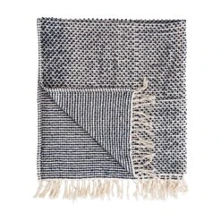 Woven Cotton Throw With Fringe, Navy & Cream Color
