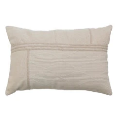 Cotton Lumbar Pillow With Rope Embroidery & Chambray Back, Natural