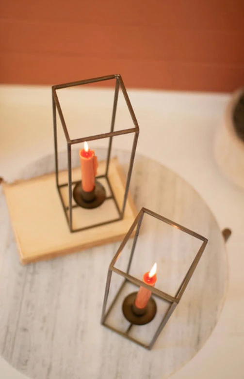 Tall Square Antique Brass Taper Candle Holder - Image 3