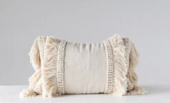 Chenille Woven Lumbar Pillow With Fringe, Cream, 24”