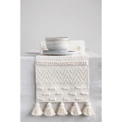 Woven Cotton Textured Table Runner W/ Pom Poms & Tassels