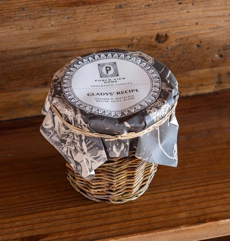 French Willow Wrapped Glass Candle, Glady's Recipe Scent By Porch View Home