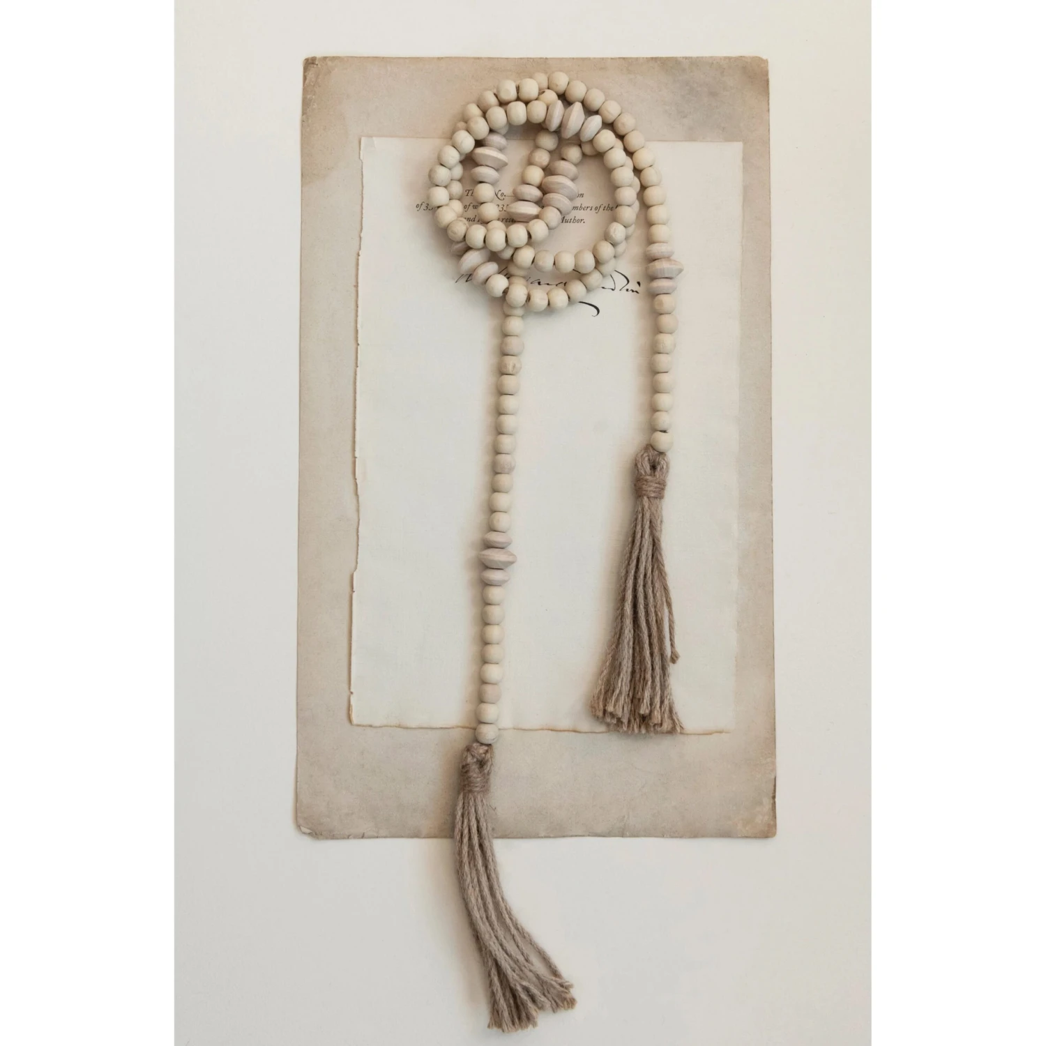 72"L Paulownia Wood Bead Garland With Jute Tassels