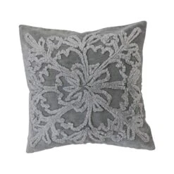 Tufted Velvet Pillow With Snowflake & Chambray Back, Grey & Natural